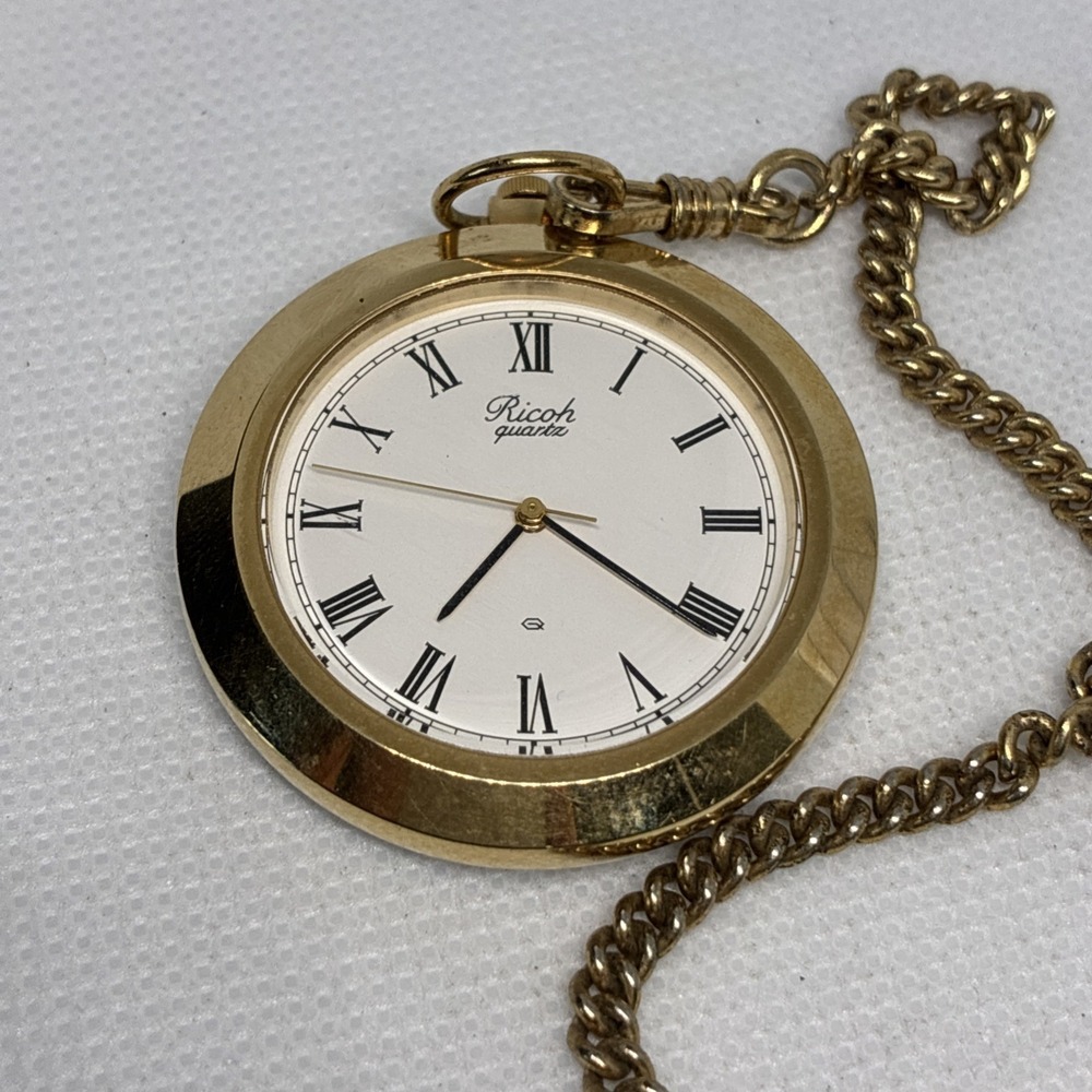 Ricoh Japanese Pocket Watch Gold New Battery Roman Dial Quartz Vintage - Working